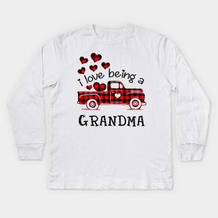 I Love Being Grandma Red Plaid Buffalo Truck Hearts Valentine's Day Shirt Kids Long Sleeve T-Shirt